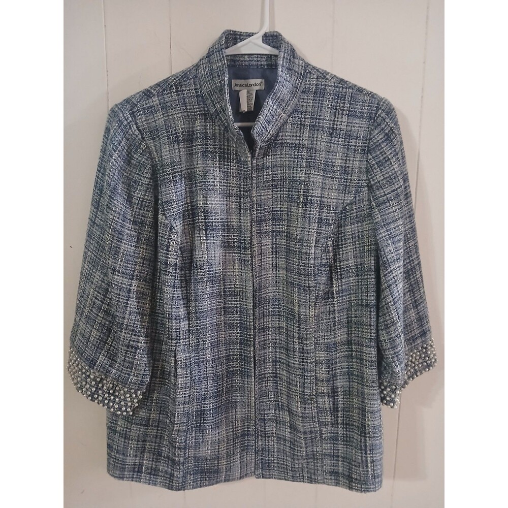 Jessica London Tweed  Jacket 3/4 Sleeves Pearls Size 16 Classic Preppy Academia